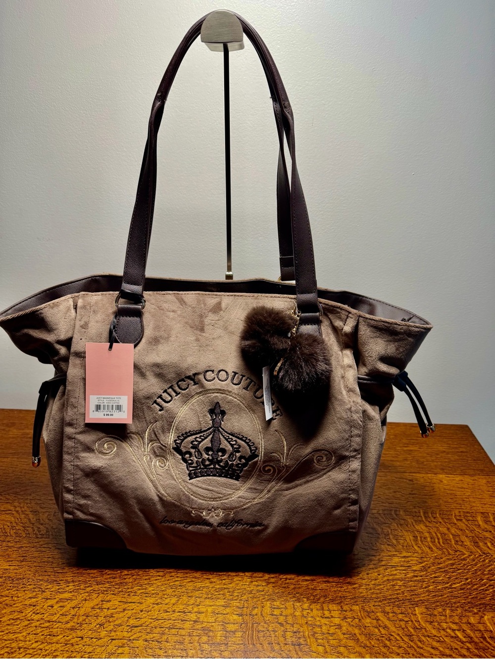 Juicy Couture Upgrade U Daydreamer Tote Bag Taupe Brown Crown Pom Pom
